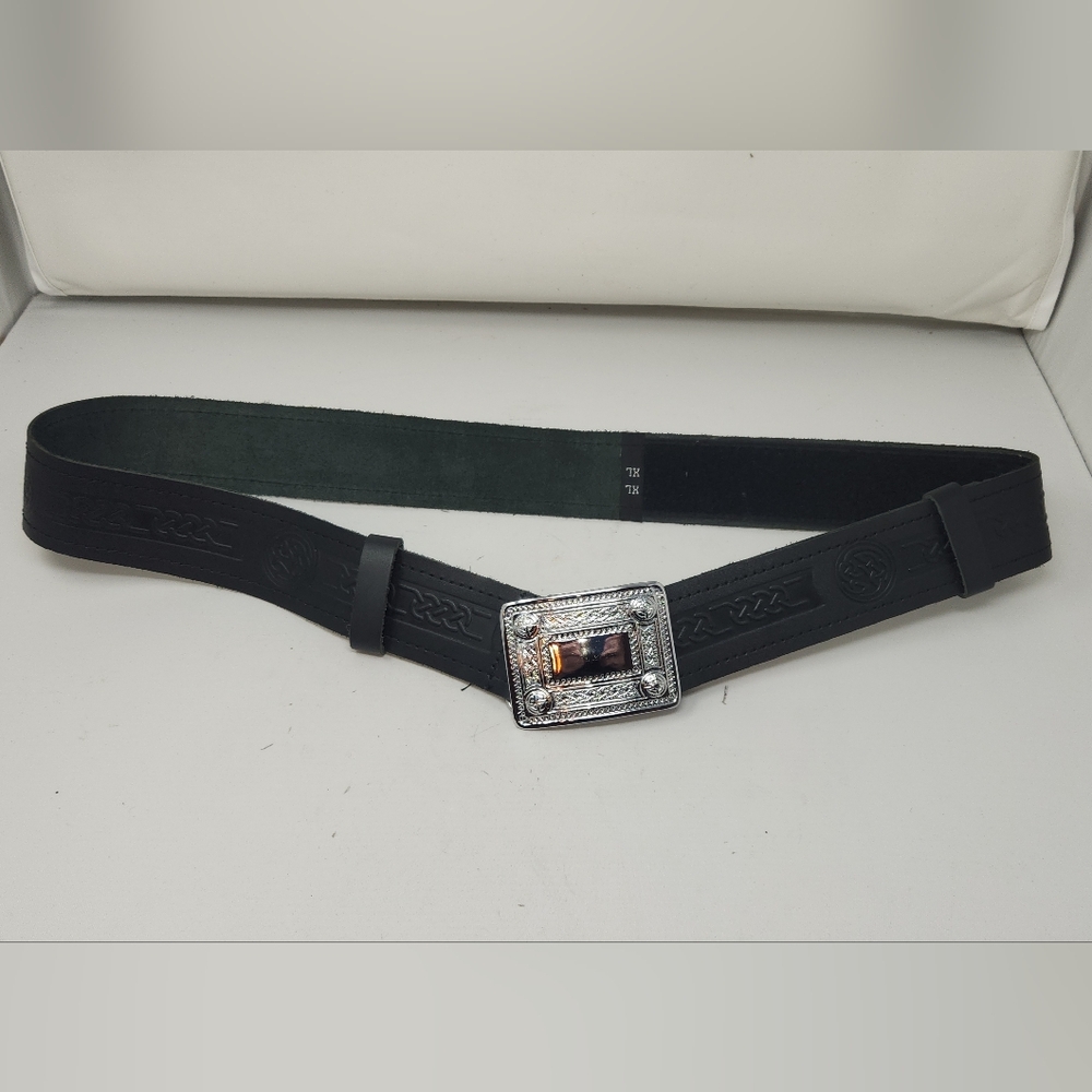 Black Leather Scottish Highland Kilt Belt With Celtic Design Chrome Buckle Sz XL
